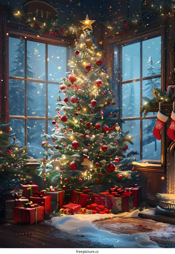 A beautifully decorated Christmas tree next to a fireplace