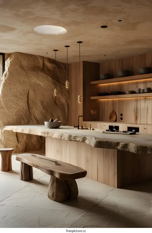 Natural stone and wood integrated kitchen and dining room