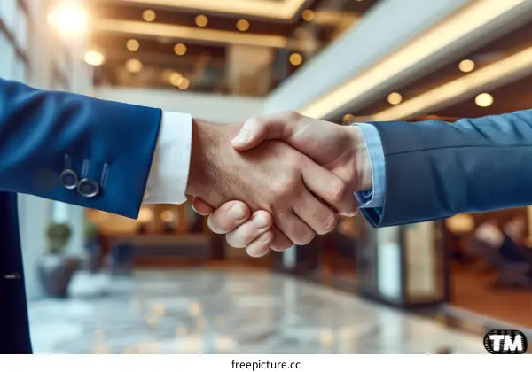 Businessmen in suits shaking hands in agreement