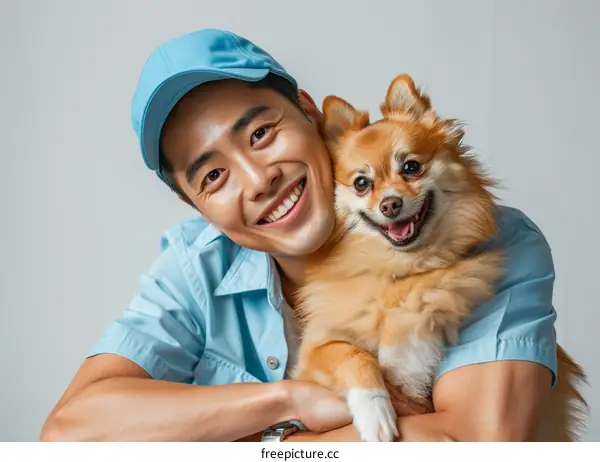 Asian man hugging a dog