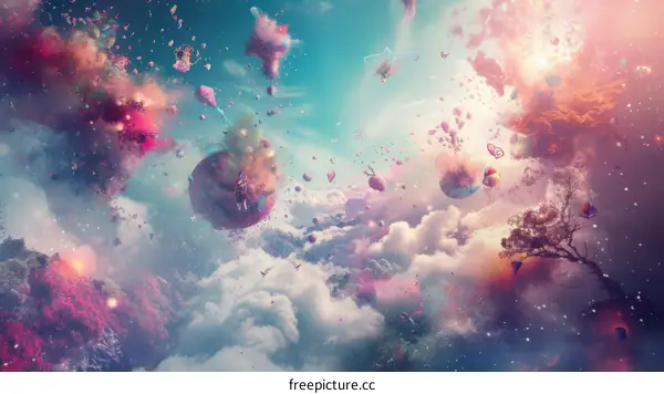 A surreal dreamscape with floating islands and colorful clouds
