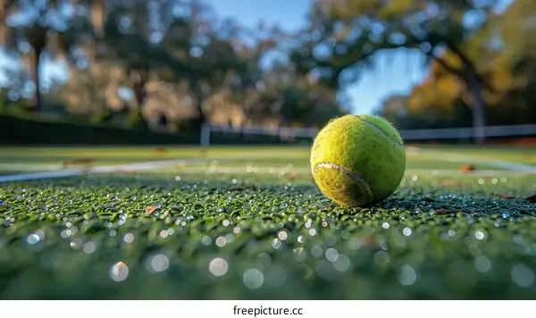 Tennis Ball on a Dewy Outdoor Court