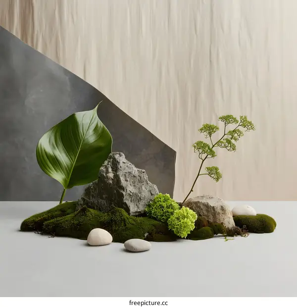 Minimalist Stone and Moss Arrangement with Green Leaf and Branch