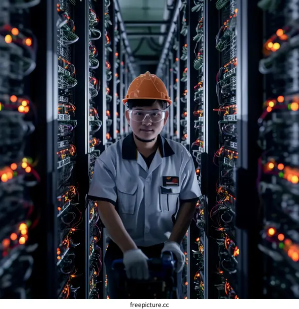 technician in hard hat working on server in data center