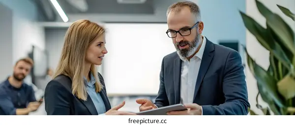 Two Business Professionals Discussing a Project on a Tablet in an Office