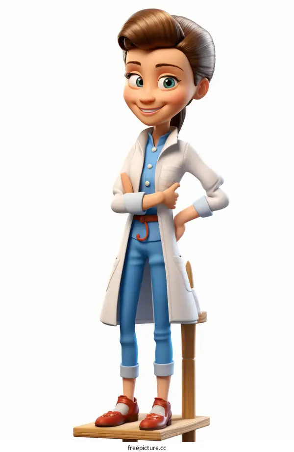 Cheerful cartoon scientist woman standing with crossed arms