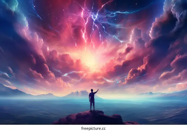Man standing on a cliff with his hand raised in front of a colorful sky with lightning bolts