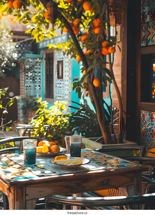 Orange Tree Patio Table with Fruit and Drinks