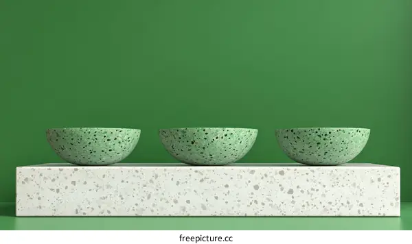 Three Green Bowls on a White Marble Platform Against a Green Background