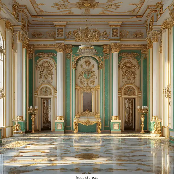 Green And Gold Interior Design Of A Large Palace Ballroom