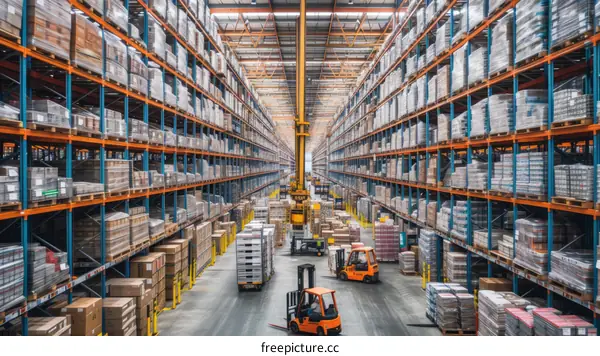 Automated warehouse with forklifts and high shelves full of goods