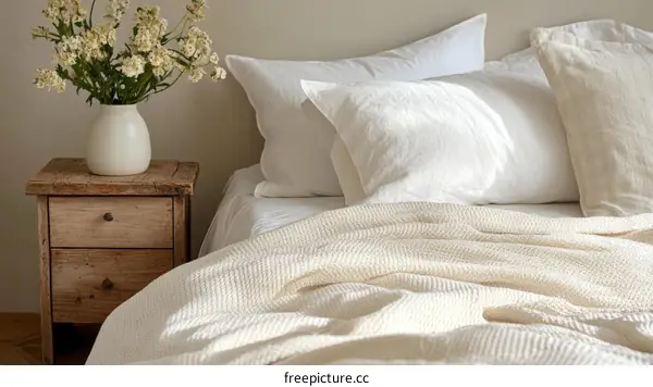 Cozy Bedroom with Linen Bedding and Knitted Throw