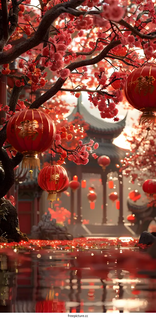 Exquisite Chinese style pavilion, red lanterns, cherry blossoms in full bloom reflected in the water