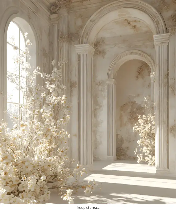 White Floral Decor in Vintage Hallway With Arches