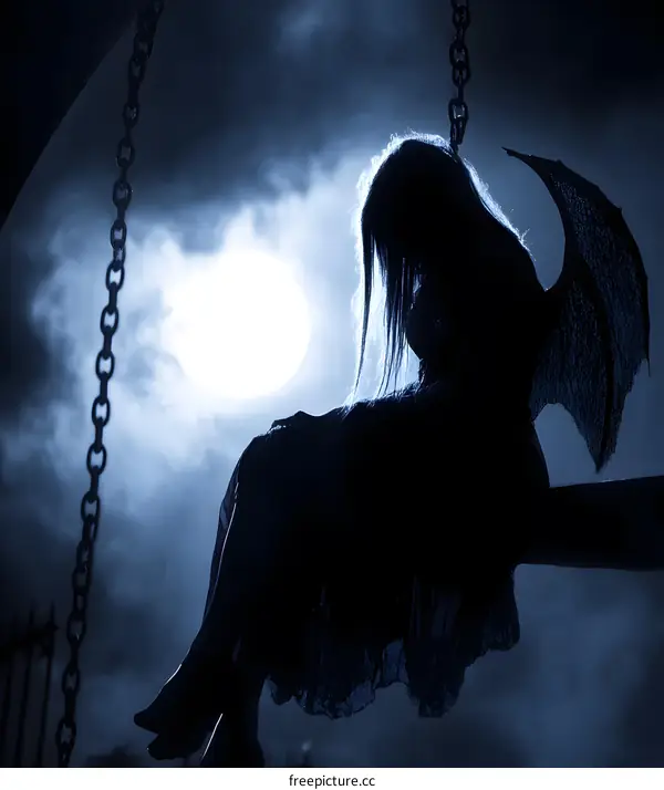 Silhouette of a Woman with Wings Sitting on a Swing