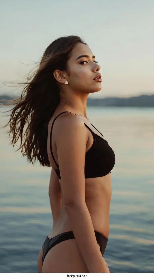 Woman in black swimsuit by the lake