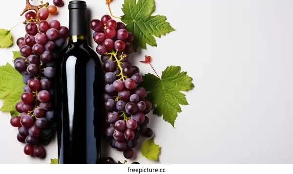 Red Wine Bottle and Grapes on White Background