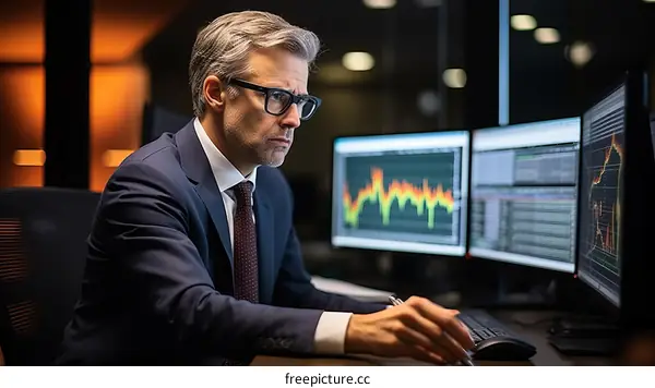 Businessman analyzing financial data on computer screens