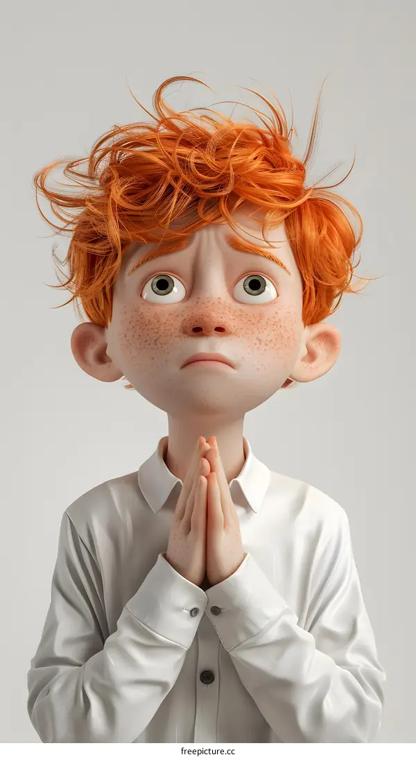 3D illustration of a boy with red hair and freckles praying