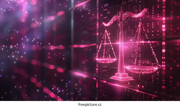 Themis glowing pink digital scales of justice on dark background