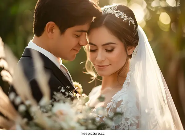 The bride and groom pose for a photo on their wedding day.