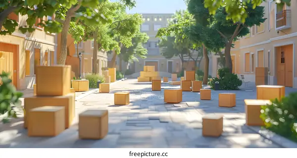 Cardboard boxes scattered in a sunny street