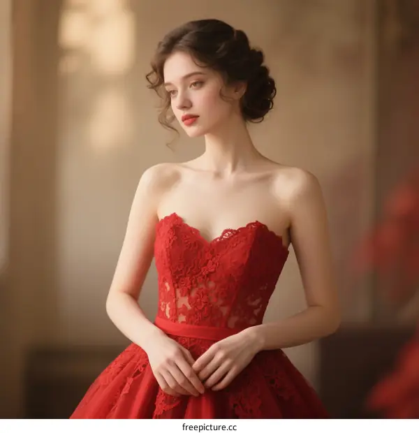 Elegant Woman Wearing Red Lace Gown with Updo Hairstyle