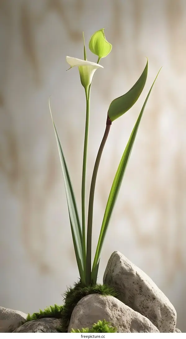 White Calla Lily Flower with Green Leaves on Rocks