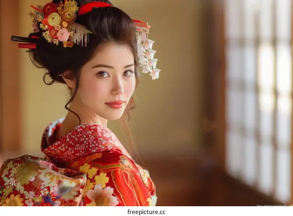 Portrait of a beautiful Japanese woman in traditional kimono