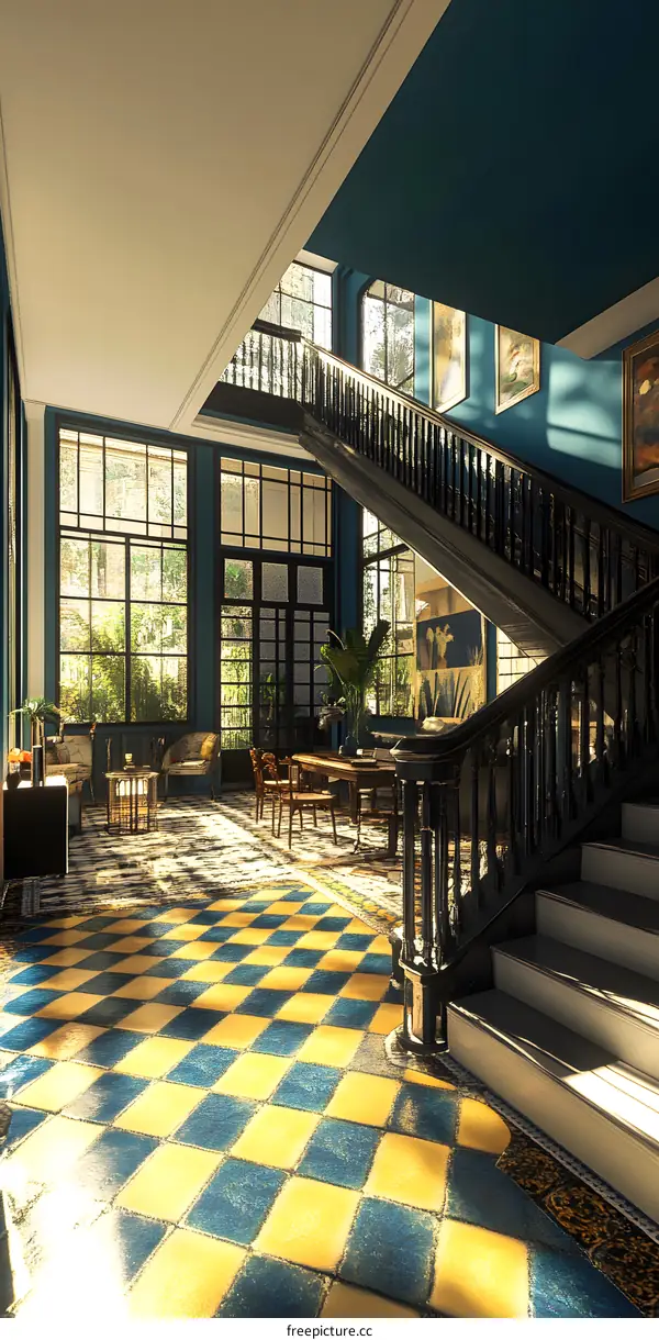 Vintage Interior Design With Staircase And Checkered Floor