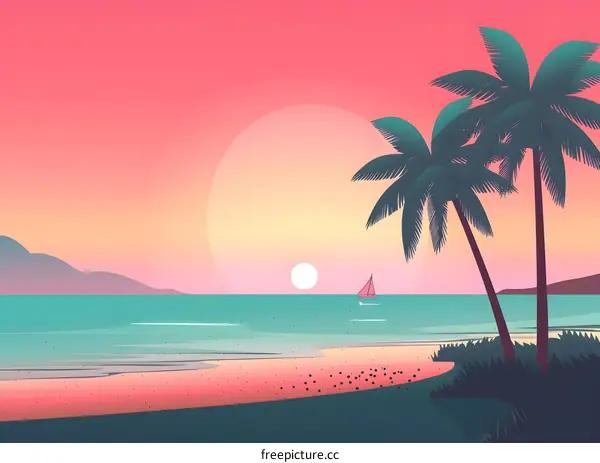 Sunset on Tropical Beach with Palm Trees and Sailboat
