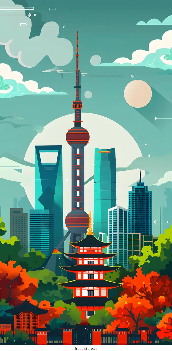 Shanghai Skyline with Pagoda and Trees