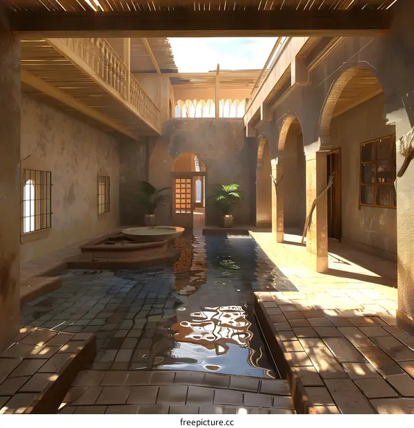 Traditional Courtyard with Stone Fountain and Palm Trees