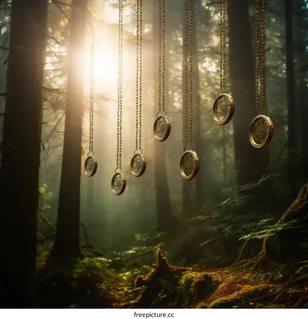 Mystical forest with glowing mushrooms and floating golden medallions