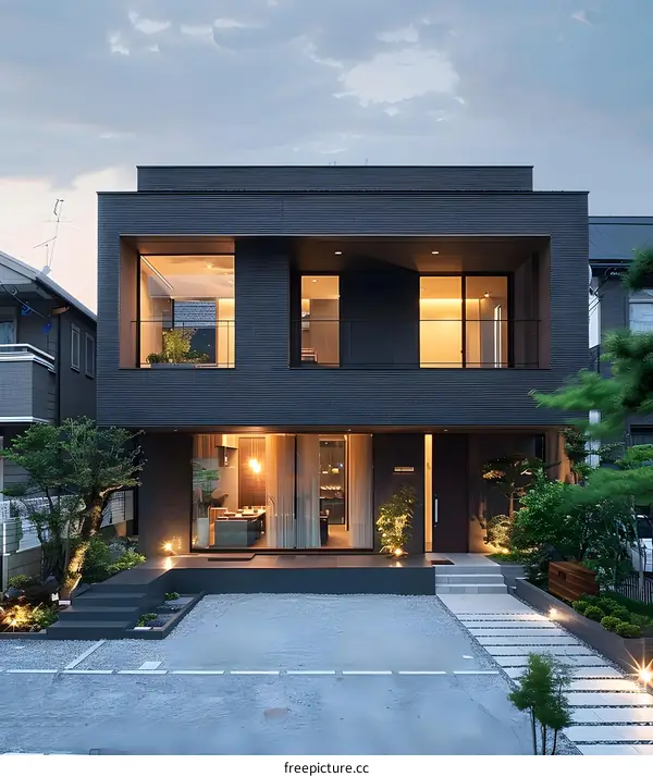 Modern Black House with Glass Windows and Stone Pathway