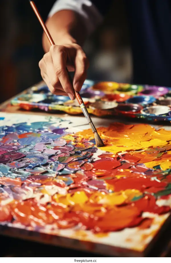 An artist mixes oil paints on a palette with a paintbrush in hand