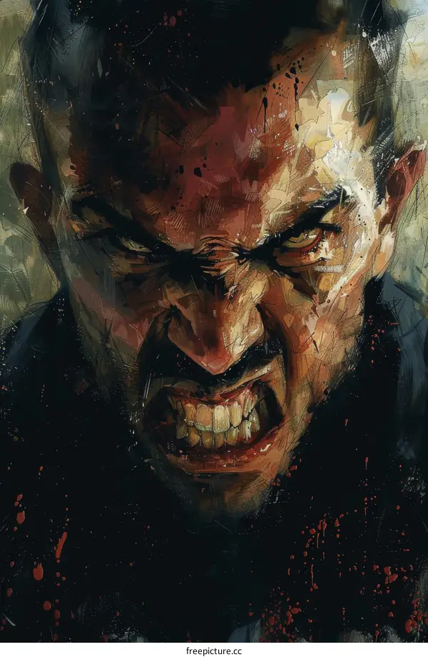 A close-up of a mans face with a snarl on his lips