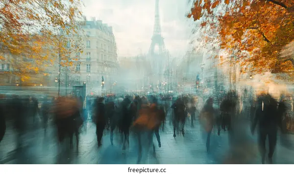 Busy Parisian Street Autumn Scene