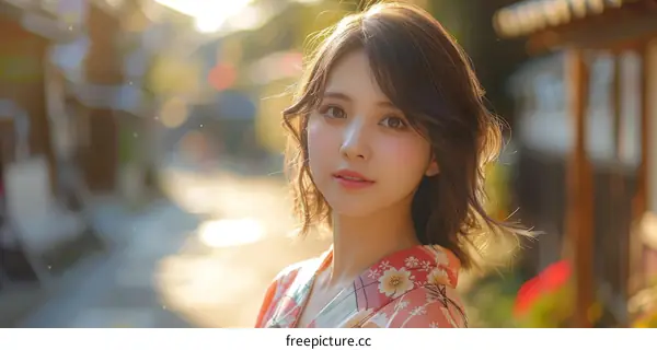 Asian Woman in Traditional Japanese Kimono in a Cozy Street