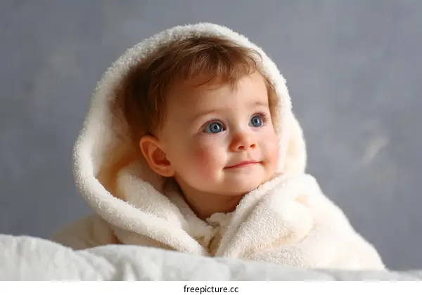 Baby in White Towel Robe Portrait