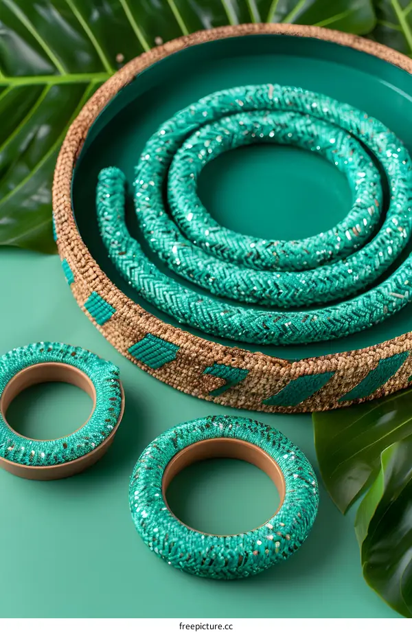Teal Beaded Bracelets on Green Background