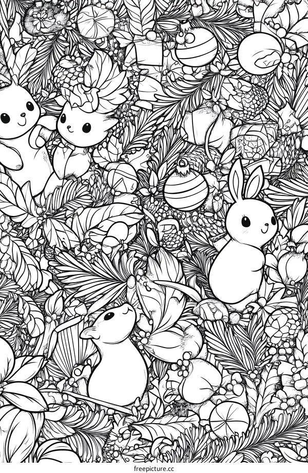 Christmas Animals and Ornaments Doodle Illustration