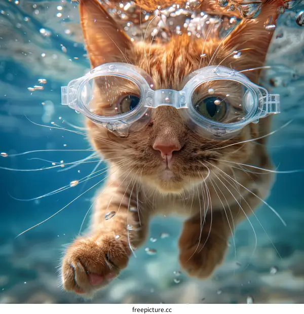Orange Cat Wearing Goggles Underwater Swimming