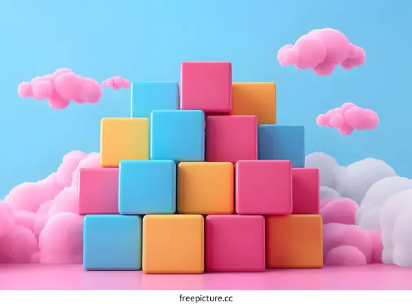 Pink and blue pastel cubes stacked in front of a blue background with pink clouds