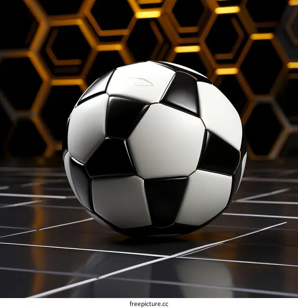 Black and white soccer ball on a reflective surface with honeycomb pattern background