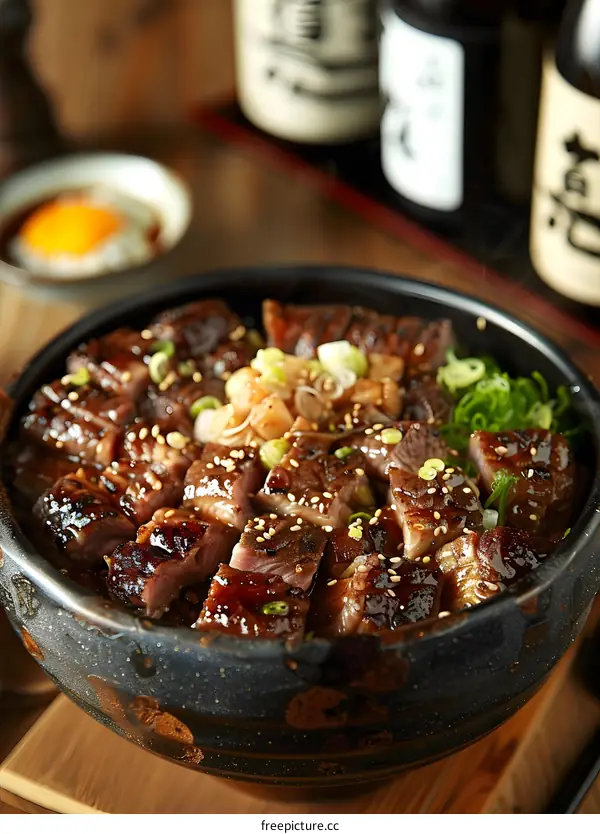 Beef Rice Bowl on Wooden Table