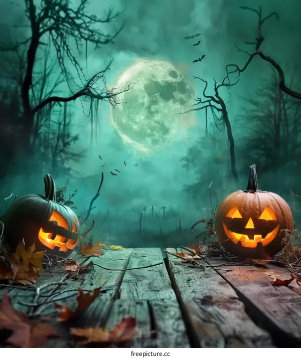 Two Halloween pumpkins sit on a wooden dock in a spooky forest at night with a full moon rising in the background