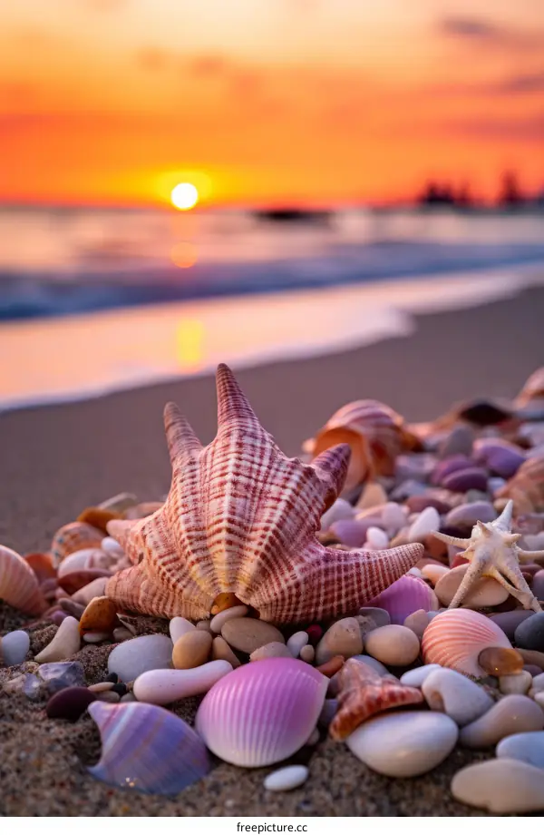 Captivating Sunset over Seascape with Seashells Adorning the Beach