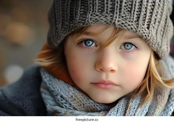 Portrait of a young child wearing a gray beanie and scarf