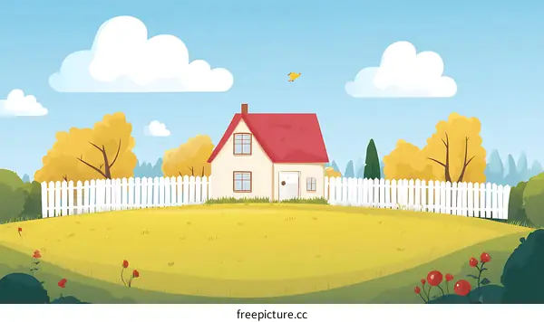 Cartoon Illustration of a White House with Red Roof in a Green Field